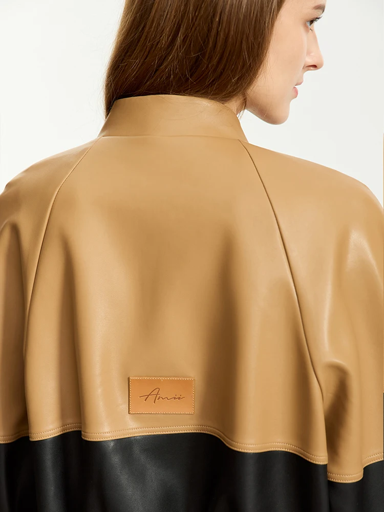 AMII-abrigo minimalista de cuero sintético para mujer, chaqueta deportiva holgada de manga larga con cuello levantado, estilo béisbol, Otoño, 2023