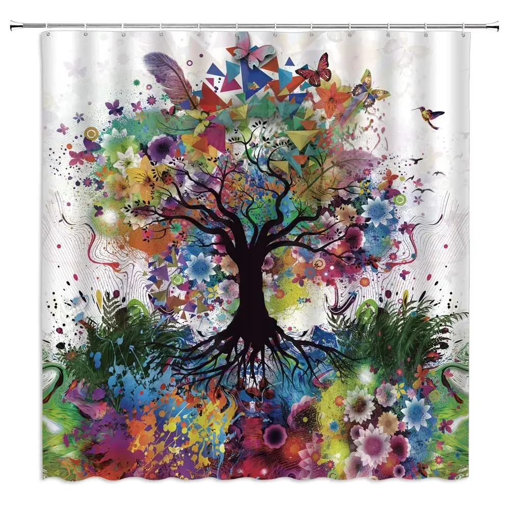 Colourful Tree Shower Curtain Spring Fantastic Fairy Forest Flower Butterfly Pastoral Branch Shower Curtains for Bathroom Decor