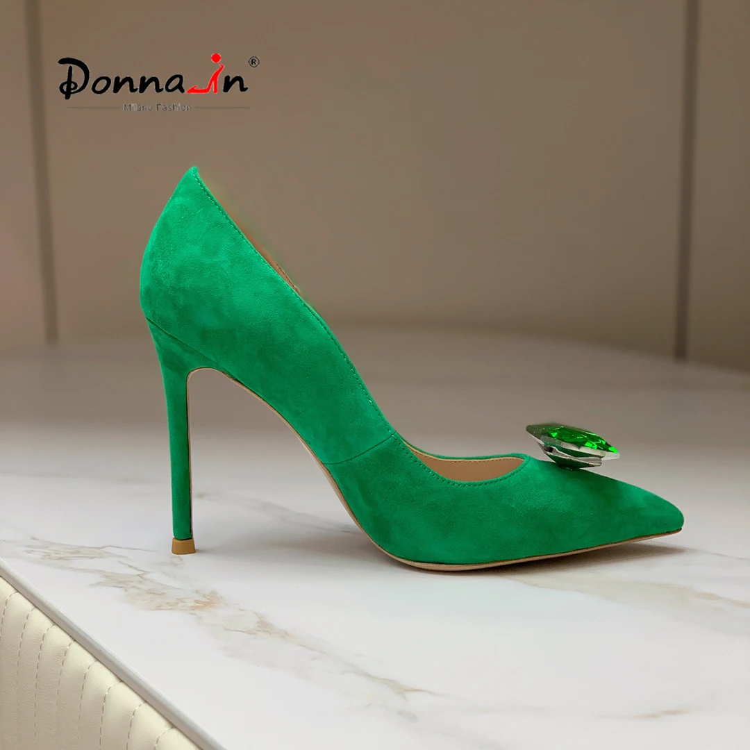 Donna-in High Heel Pumps 8.5cm 10.5cm Luxury Suede Leather Green Pointy Toe Elegant Dress Party Crystal Decorative Stilettos Red