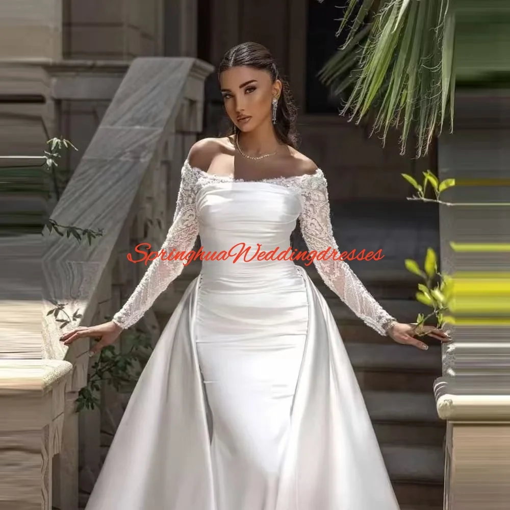فساتين زفاف مخصصة مع ذيل قابل للانفصال العربية دبي حورية البحر فساتين الزفاف بأكمام طويلة دانتيل رداء دي ماري