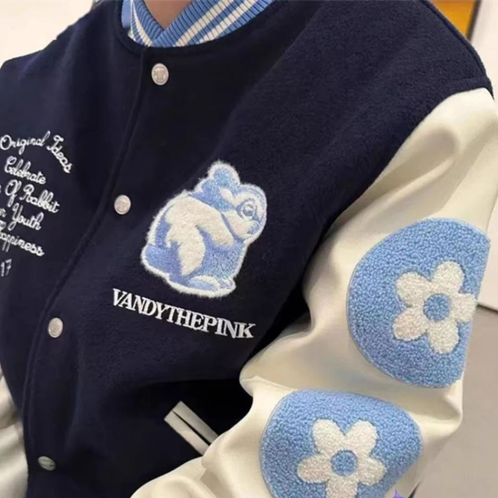 American Street Fashion Trend Rabbit Embroidered Baseball Uniform Unisex Autumn And Winter New Casual Y2k Jacket Coat Men