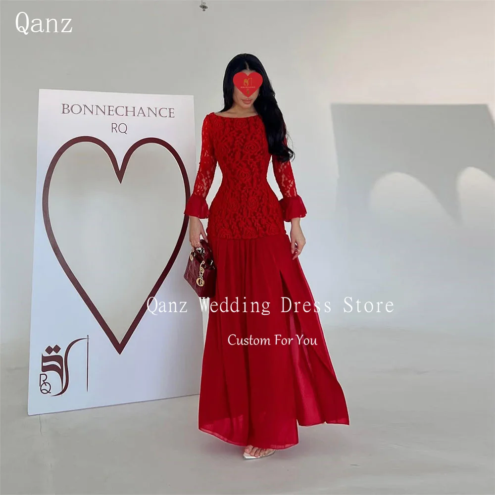 

Qanz Elegant Evening Dresses Red Lace Long A Line Dubai Wedding Party Dress Women Formal Event Occasion Dresses Customized