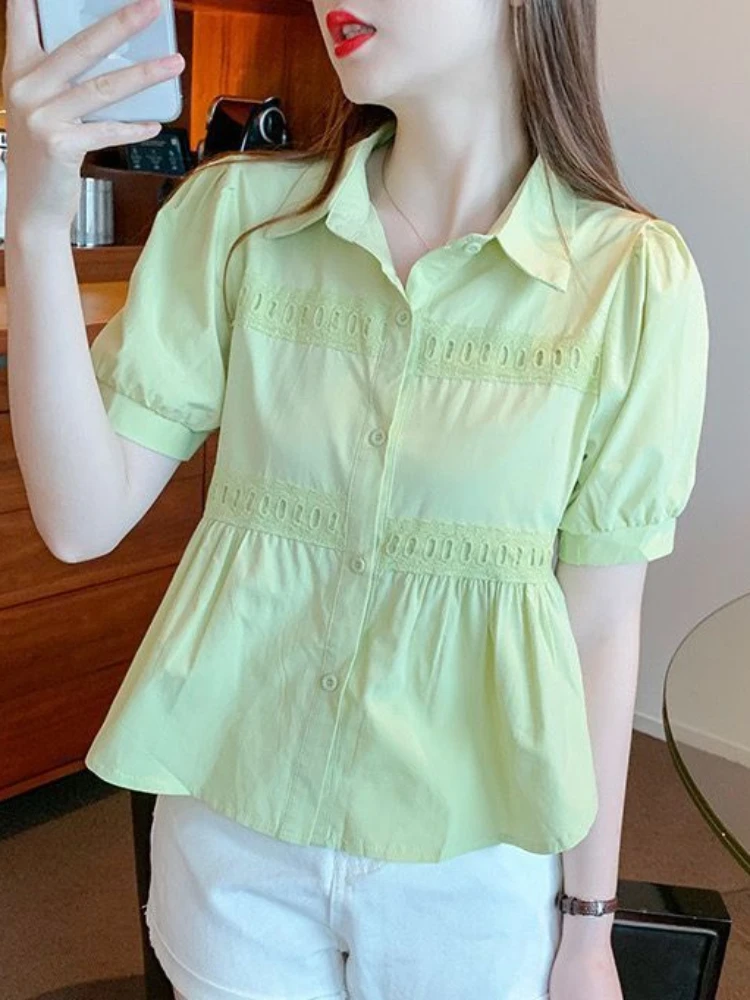 

Japan Style women Chiffon Shirt Harajuku POLO Collar Short Sleeve Slim Fit puff sleeve Female Casual Breathable Classical Tops