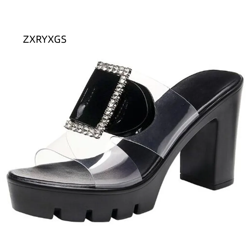 

ZXRYCGS 2023 Transparent Film Hollow High Heels Slippers Rhinestone Sandals Fashion Trend Women's Summer Shoes Shoes Size 32-43