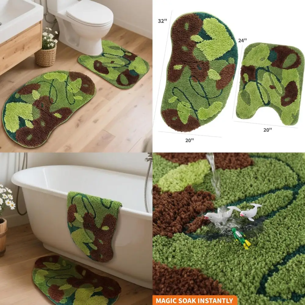 

Мягкий и впитывающий зеленый комплект ковриков для ванной, декор из 2 предметов, плюшевый узор вьющихся листьев для ванны и душа