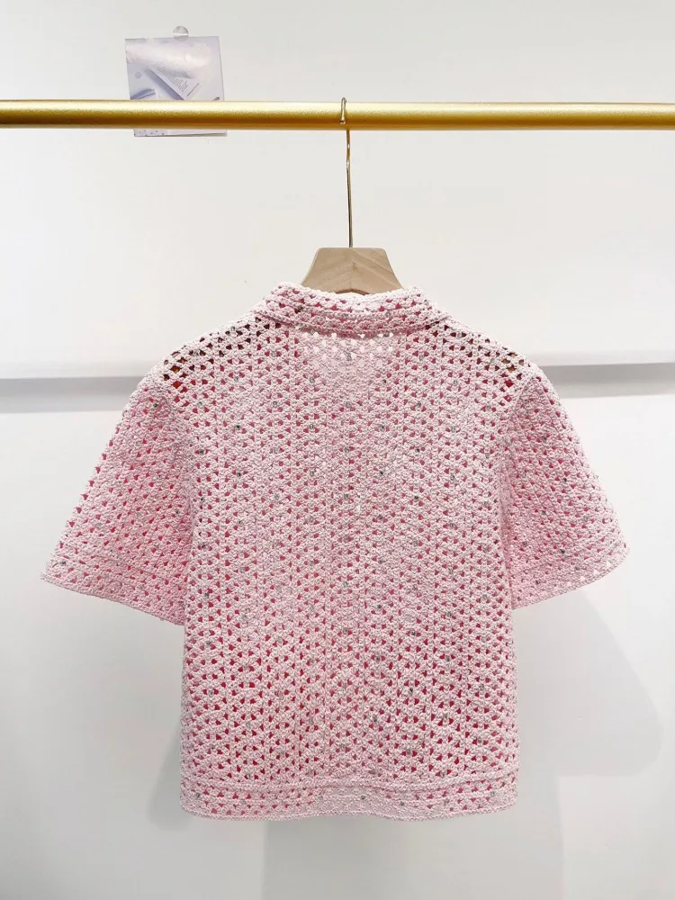 Summer Sweet Lady Diamonds Jacquard Hollowed Out Short Sleeved Knitted Cardigan Tops Coat Slim Fit Long Dress Set Two Piece Set image 3