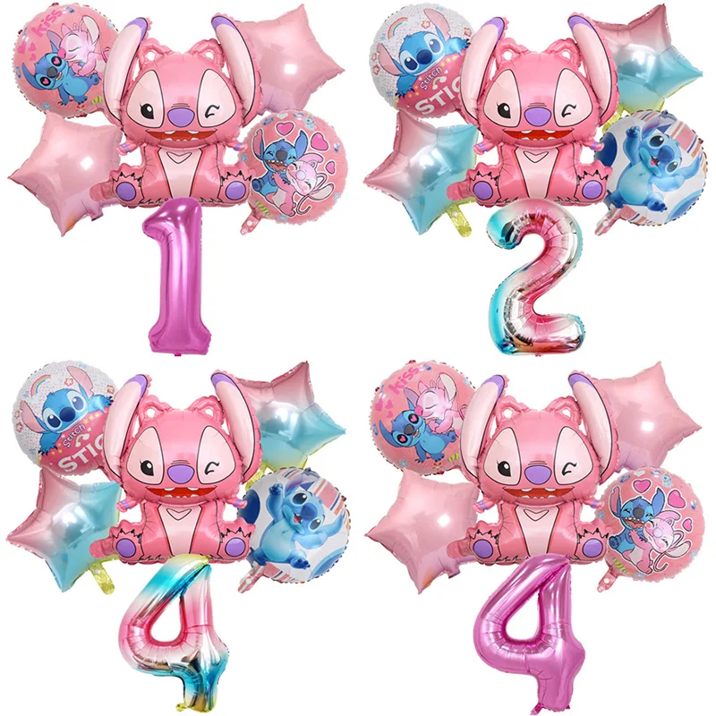 6pcs Disney Lilo & Stitch Foil Balloons set Pink Angel children Birthday Party Decorations girl Baby shower Supplies Aire Globos