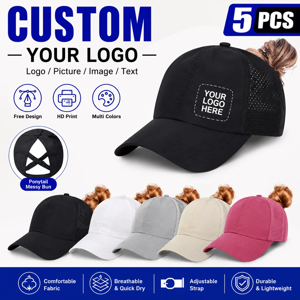 5pcs Mesh Baseball Cap Customizable Logo/Photo Adjustable Trendy Outdoor Cap for Running/Hiking/Adventure