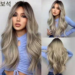 GEMMA Long Wavy Black Brown Gray Ash White Ombre Synthetic Wig with Bangs Cosplay Daily Party Wig for Women Heat Resistant Hair