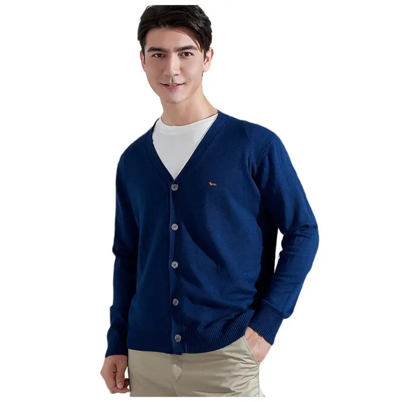 New Men Autumn Winter Business V-Neck Knitted Sweater 100%Cotton Harmont Embroidery Jersey Cardigan Blaine Keep Warm