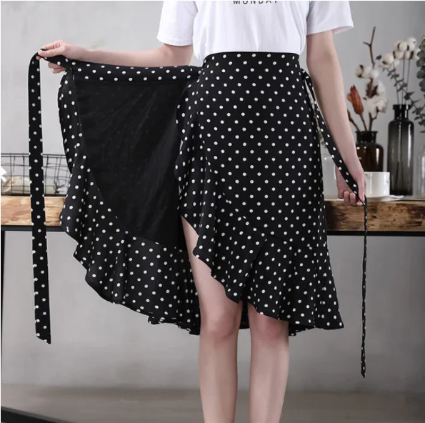 

Polka Dot Ripple Chiffon Skirt Summer Women's Wrap Skirt High Waist Mermaid Skirt One-Piece Irregular Ruffled Lace-Up Skirt