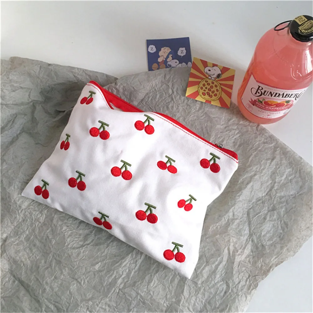 

Women Girls Portable Fruit Cartoon Cherry Travel Embroidery Cosmetic Purse Makeup Bags Pencil Case Canvas Pouch