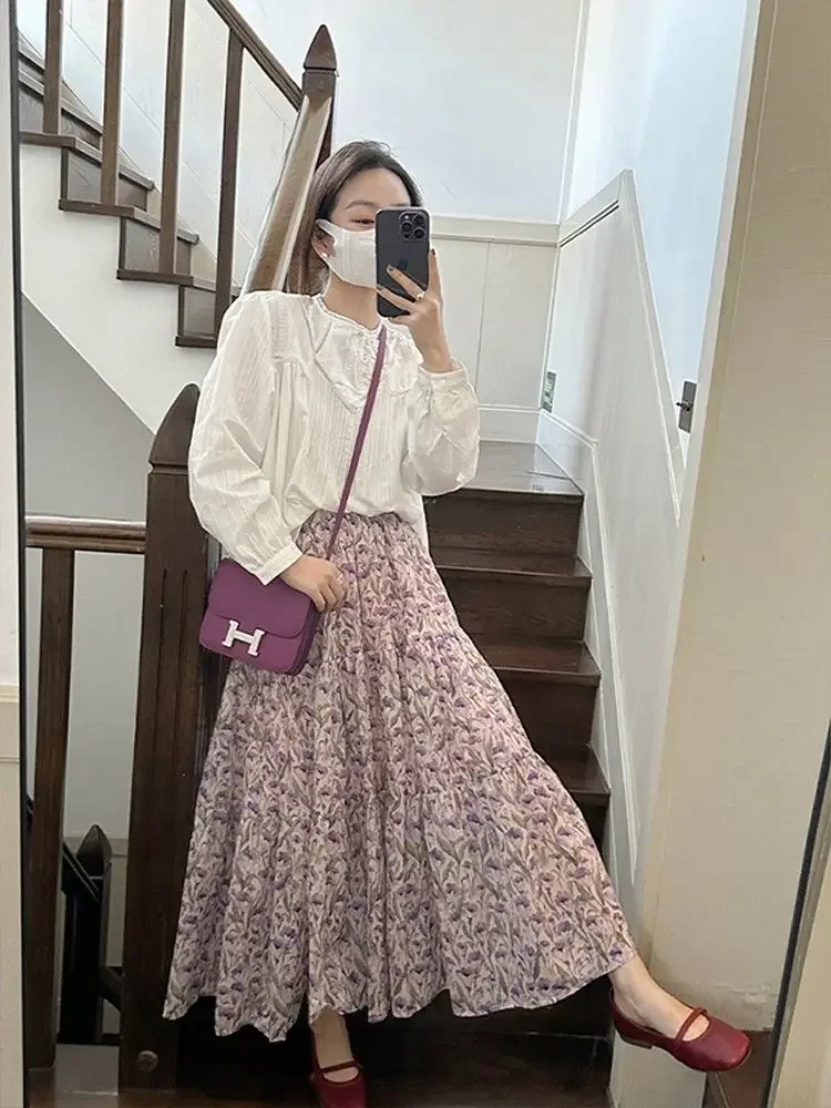 Long Skirts Women Loose Purple Floral Prairie Chic Graceful Summer Vintage Literary French Mature Tender Aesthetic Faldas Trendy