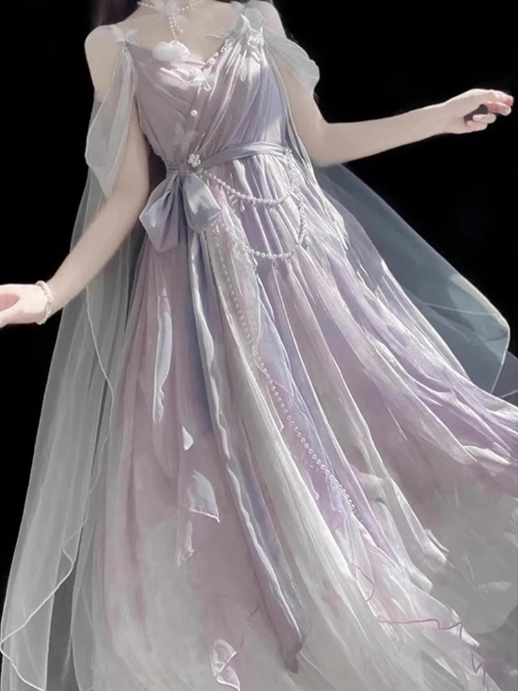 

2026 Fairy Sweet Sleeveless Lace-Up Birthday Party Maxi Dresses Purple Lolita Improved Elemental Temperament Daily Long Dress