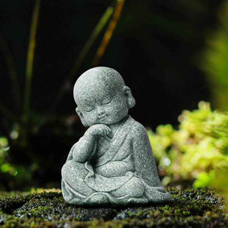 Imitation Stone Little Monk Sculpture Miniature Tea Tray Statue Art Ornament Little Monk Statue Garden Landscape Bonsai Decor