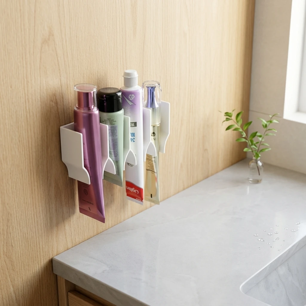 1Pc No‑Drilling Wall‑Mounted Bathroom Organizer 3D‑Printed Toothpaste Face Wash Holder Toilet Storage Clip Rack