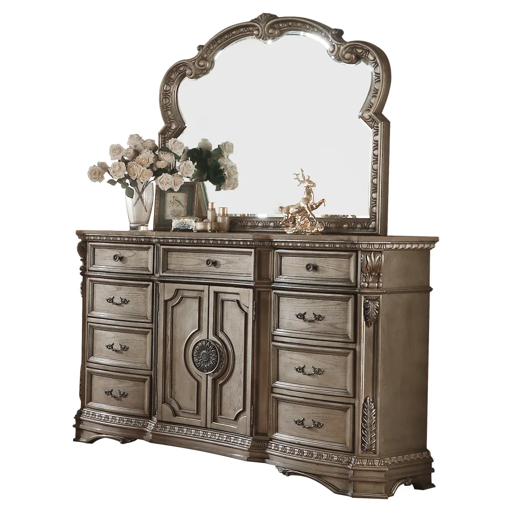 

Dresser (WOOD TOP) in Antique Silver European Style Dressing Table Villa Furniture American Bedroom Vanity Mirror Solid Carved