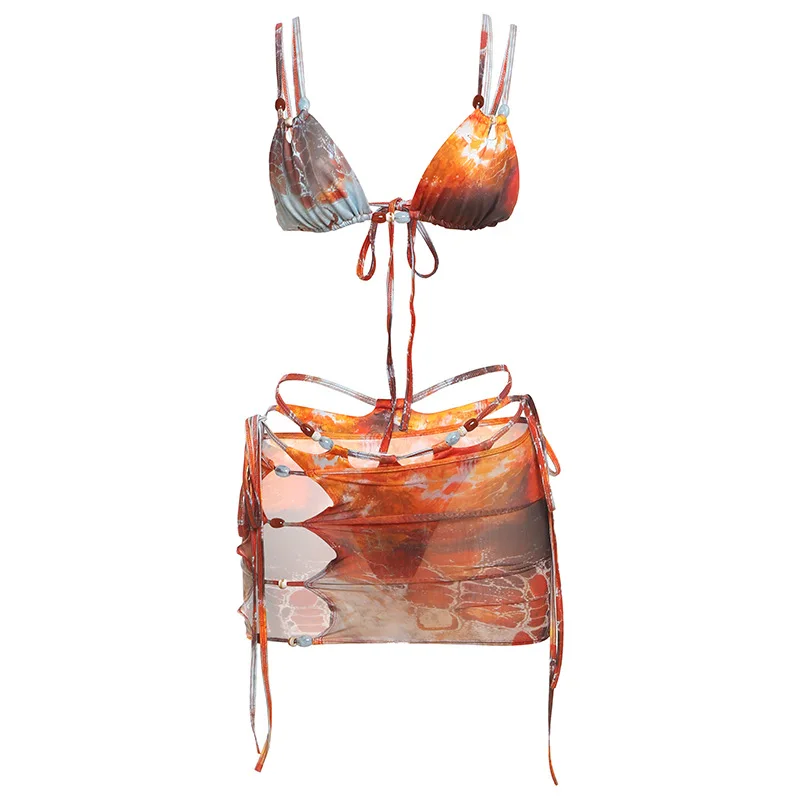 مثير 3 قطع بيكيني مع تنورة المرأة الرسن تنورة صغيرة دعوى عطلة الشاطئ عارضة الإناث المايوه الصيف