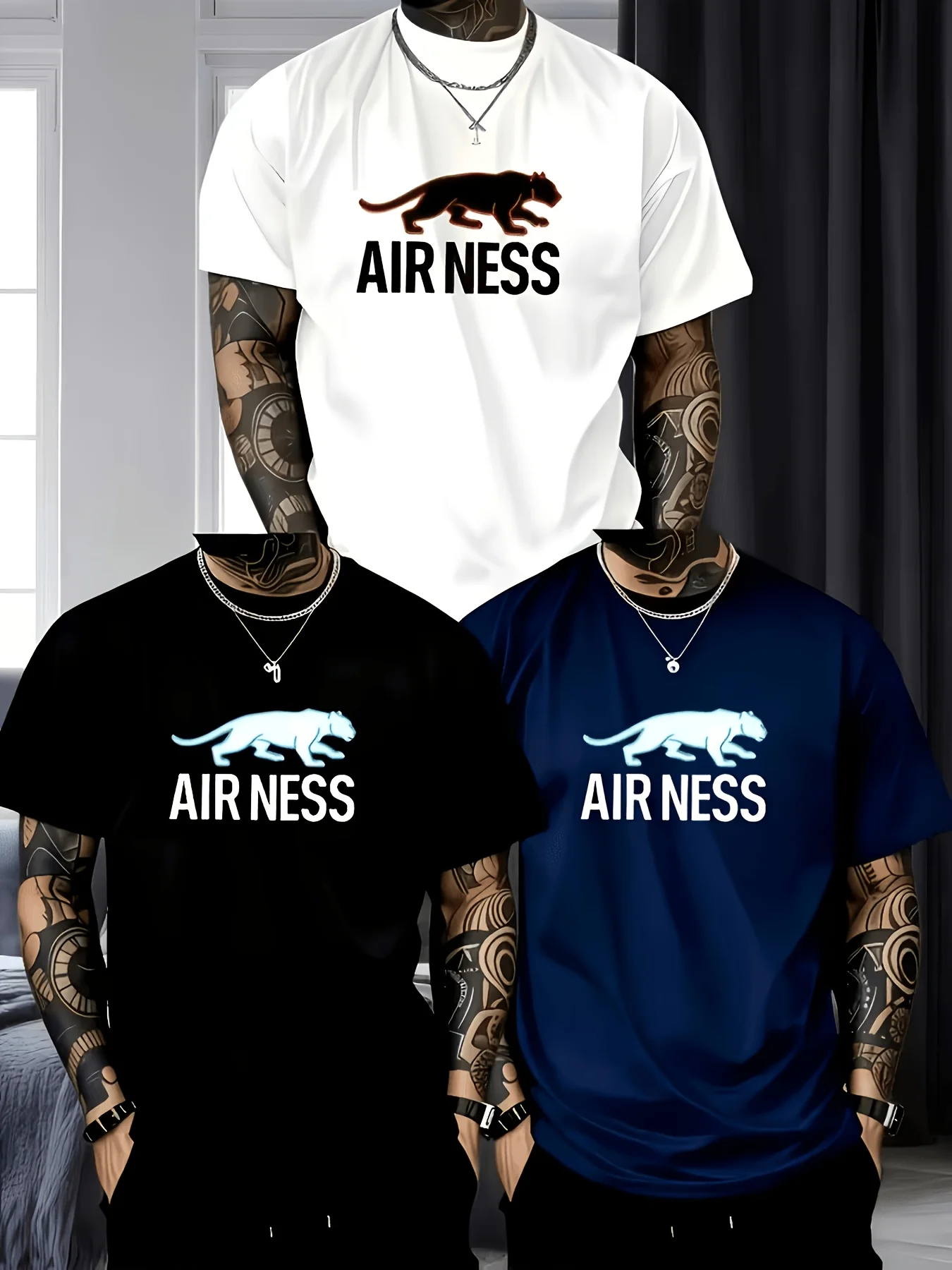 

3-piece Men's Printed T-Shirt - Soft, breathable pure cotton round-neck T-shirt with stylish and cool leopard pattern print