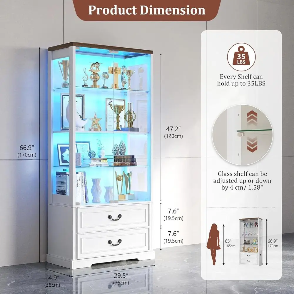 4-Tier Glass Showcase Cabinet with 2 Drawers