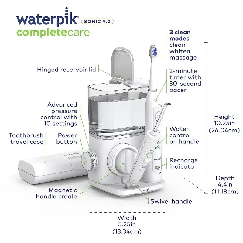 QWWaterpik Complete Care 9.0 Sonic Electric Toothbrush with Water Flosser,CC-01 White,11 Piece Set