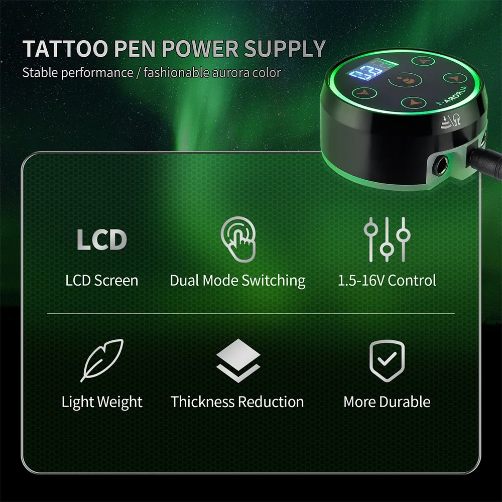 Fonte de alimentação para caneta de tatuagem aurora-2, mini display lcd, modo duplo, mudança de luz colorida rgb com adaptador