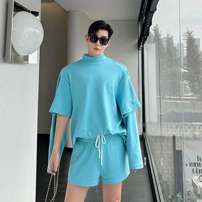 Solid Color Casual Niche Sleeve Deisgn Stand Collar Sweatshirt Drawstring Shorts 2024 Summer New Korean Style Two Pieces Set