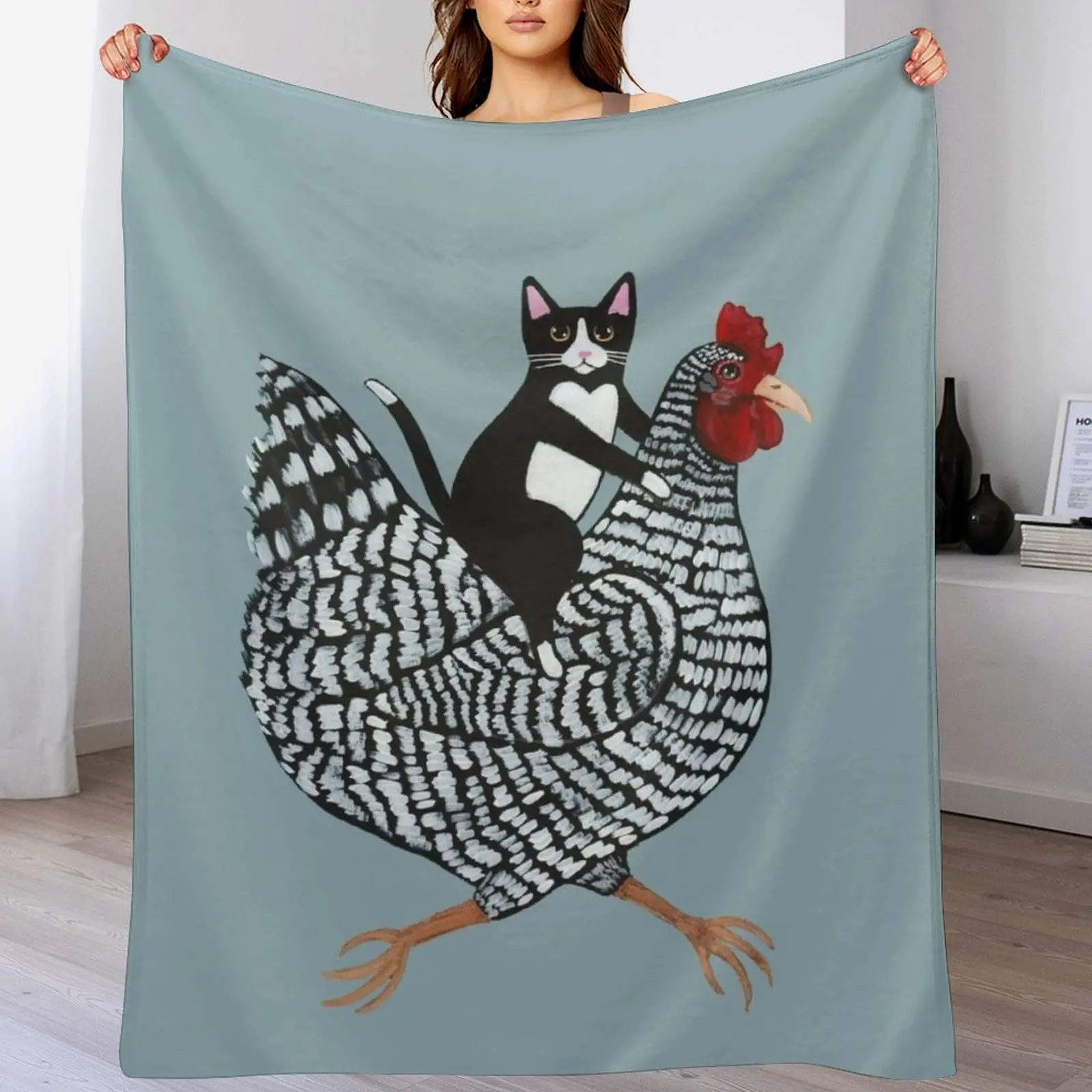 

Tuxedo Cat Chicken Ride Throw Blanket Bed Fashionable Summer Beddings Tourist Blankets