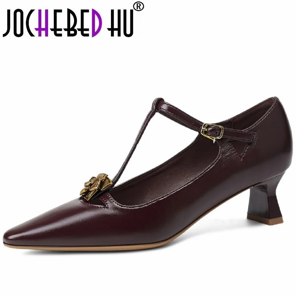 

【JOCHEBED HU】Handmade Genuine Leather Elegant Vintage Square Toe Shallow Mary Women's Style T-Shaped Buckle Strap Casual 33-40