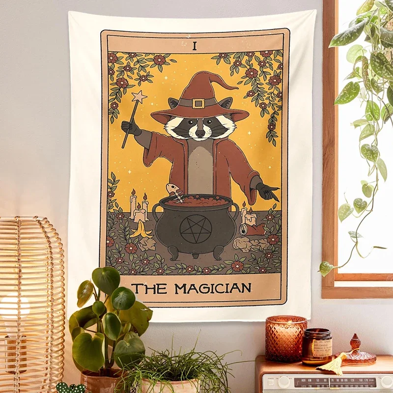 Tarot Tapestry Raccoons Tarot Mysterious Sun Moon Star Magician Tapestrie Boho Witchcraft Decorative for Living Room Bedroom