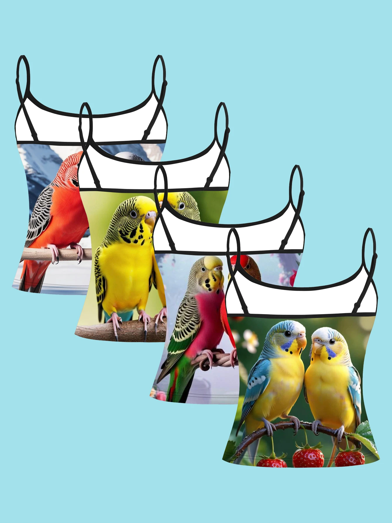4-Piece Set with Colorful Budgerigar Pattern Suspenders, Strawberry Snow Mountain Background, Women's Spaghetti Strap Inner Layering Top