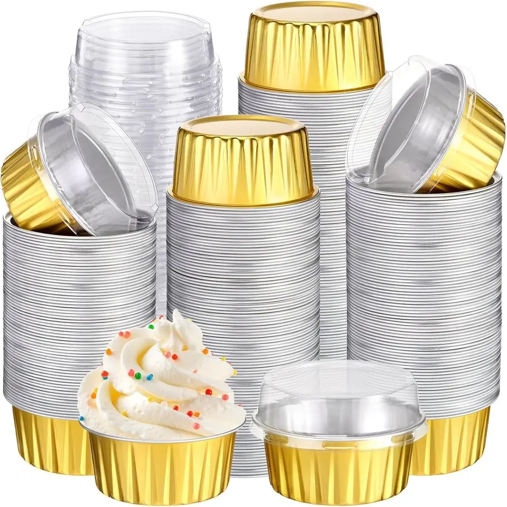 

50 Aluminum Foil Baking Cups with Lids, Disposable 5 oz Ramekins, Mini Cake Pans, Creme Brulee Cups, Cupcake Liners, Muffin Tins