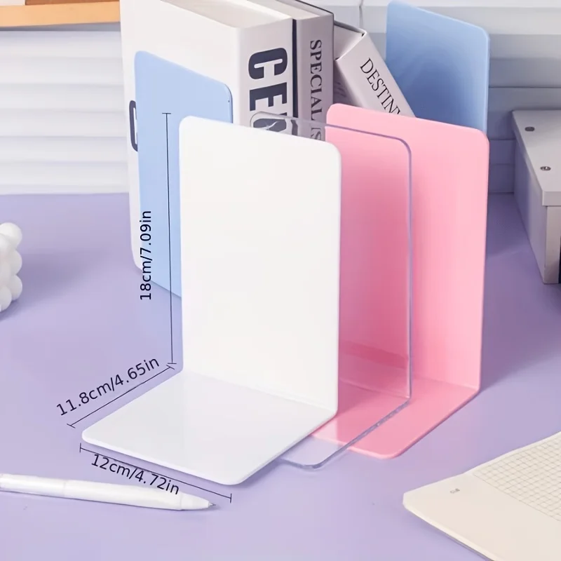 4Pcs Clear Acrylic Bookends, L-shaped Book Supports, Non-Slip Book Holder, Free Christmas Stickers, Stopper for Desk, School