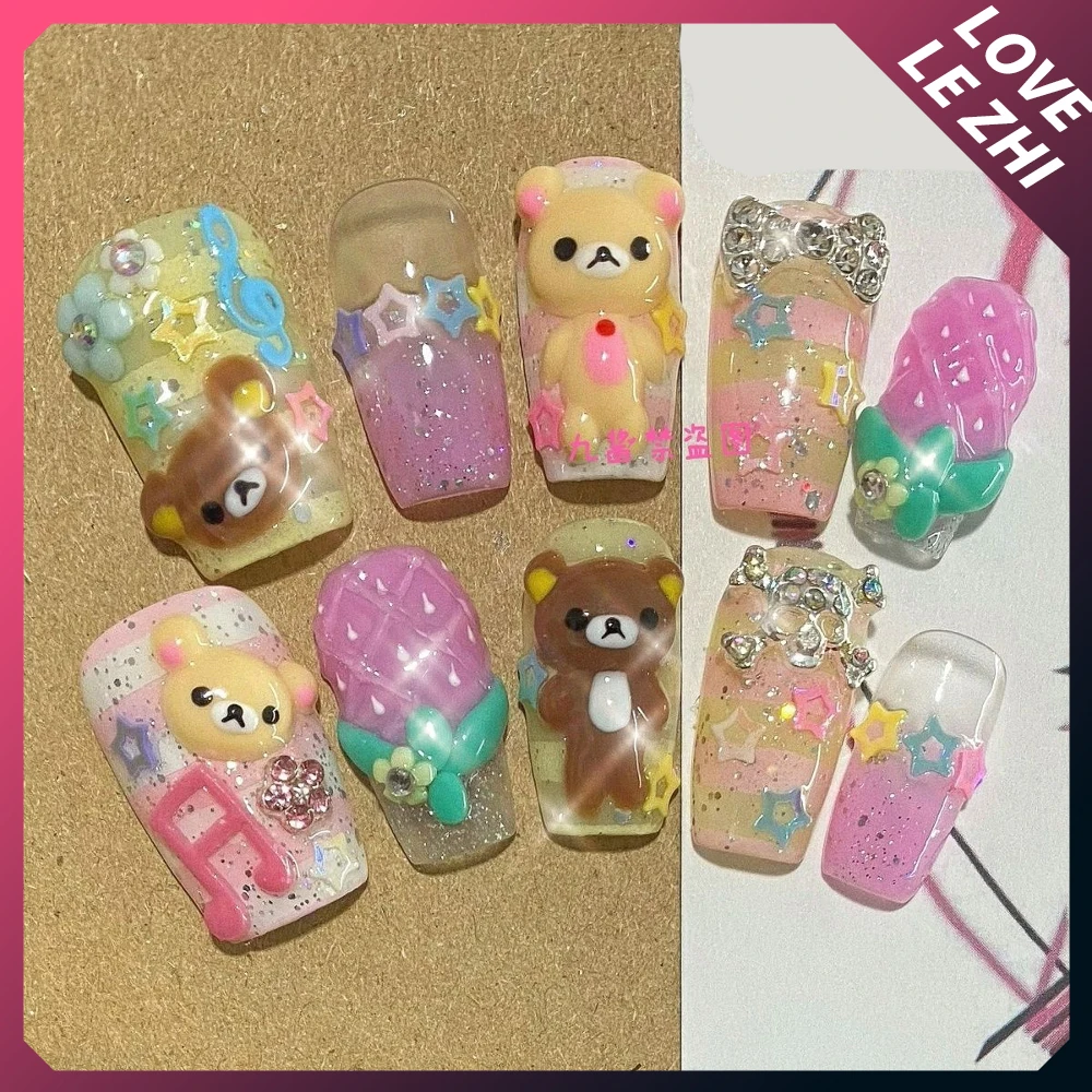 Y2K Spicy Girl Rilakkuma Handmade Long Square Press On Nail Shiny Diamond Sequins 3D Flower Bow Musical Notes Reusable Fake Nail