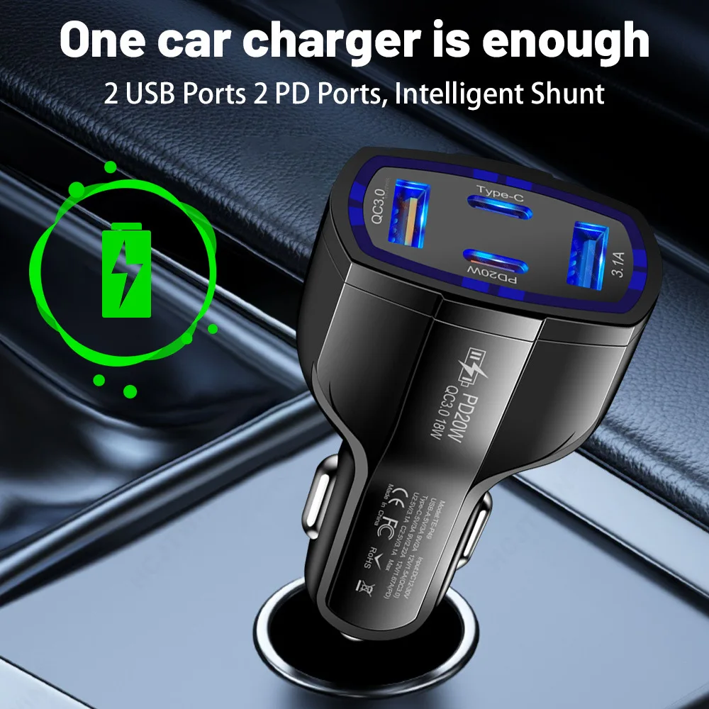 Multi Port 63W Car Charger Fast Charging Adapter With Dual PD 20W Type C and QC 3.0 USB A Ports For Smart Phones & Tablets view 3