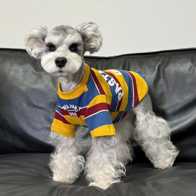 Yellow Blue Red Stripe T Shirt Dog Clothes Retro Shirts Small Dogs Clothing Cat Print Outfits Spring Autumn Yorkshire Pet Items