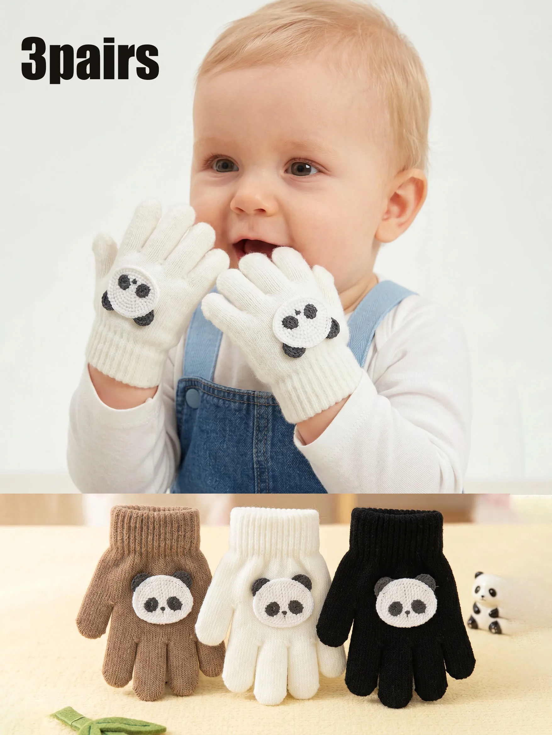 3Pairs Baby Boys Knitted Full Finger Gloves, Embroidered Bear Candy Color Thick Toddler Gloves for Autumn Winter Daily Wear