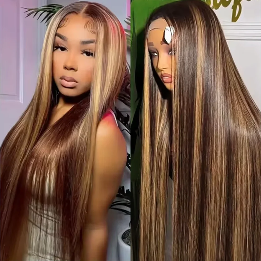 Highlight 13x6 Lace Front Perücke Echthaar 4/27 Ombre Honigblond 13x4 HD Transparente Gerade Lace Frontal Perücken Natürlicher Haaransatz