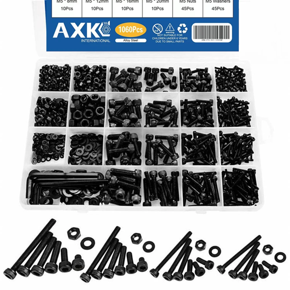 1060pcs M2 M3 M4 M5 Hex Socket Screw Set Carbon Steel Flat Round Cap Head Screws Bolts and Nuts Assortment Kit with Storage Box
