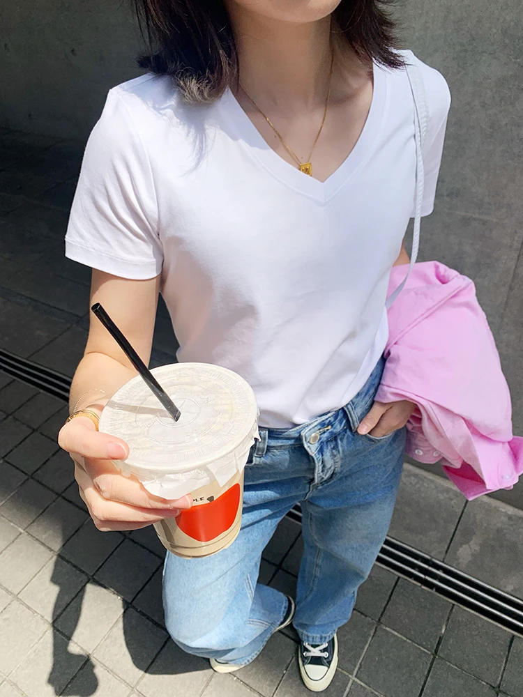 

LaoMiJia Summer New Double-Sided Silk Cotton Color V-Ne ort Sve Women's Slimming Base White T-irt Casual Sle