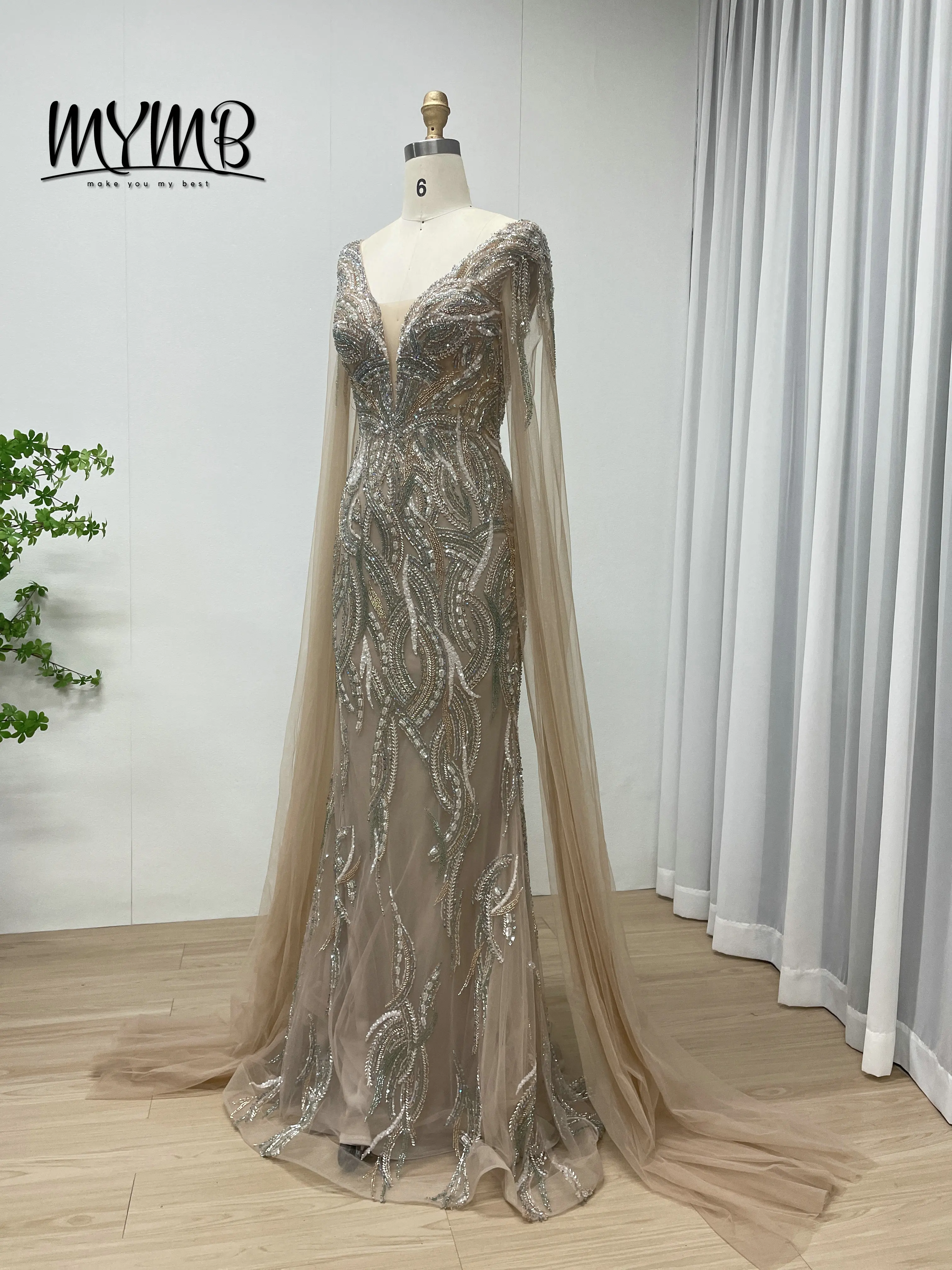 MYMB Venta caliente champán elegante lujo cuello en V exquisito bordado con cuentas mangas largas Vintage sirena vestido de noche MB40321