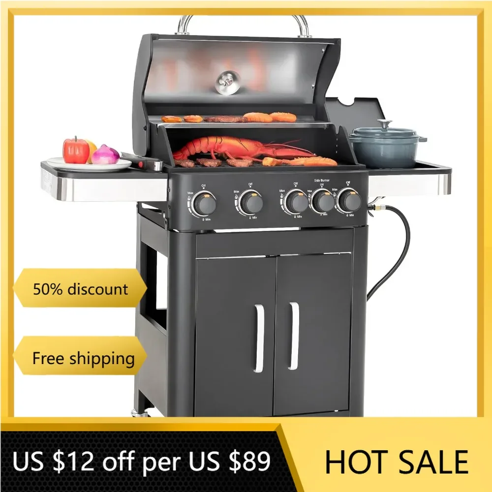 Gas BBQ Grill with Side Burner & Porcelain-Enameled Cast Iron Grates, 46,700 BTU Output for Outdoor Cooking Kitchen