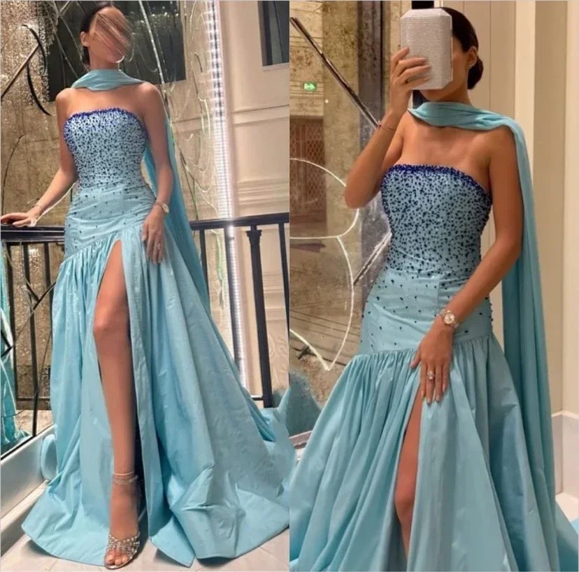 

Customized Sexy Strapless Beaded Evening Dress Elegent Luxury High Side Split Wedding Party Dress Saudi Arabia Women‘s Formal