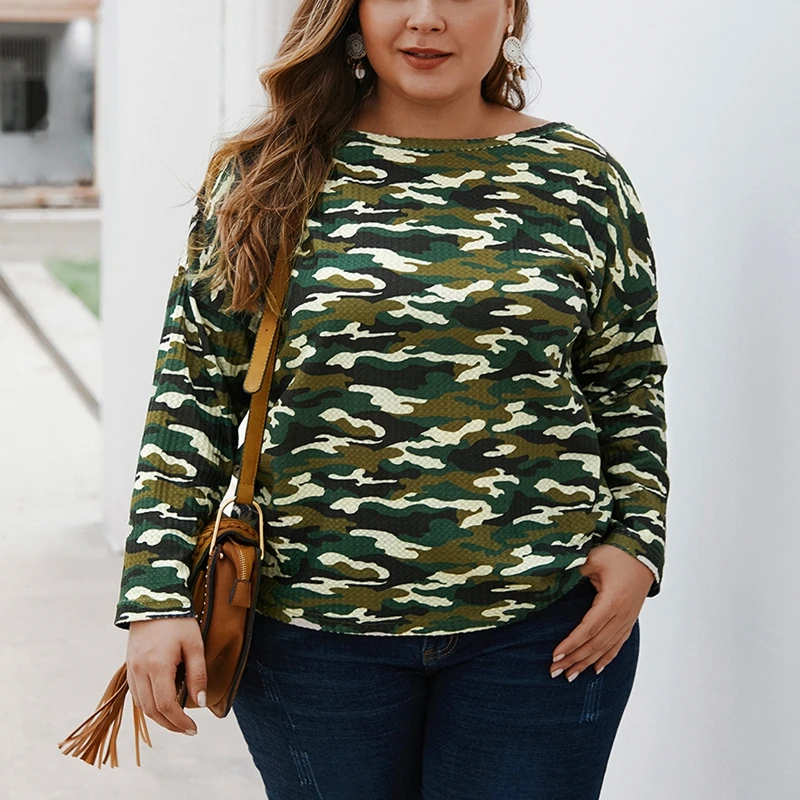 Autumn plus size women's casual T-shirt 6XL 7XL 8XL new fashion round neck camouflage long sleeve T-shirt