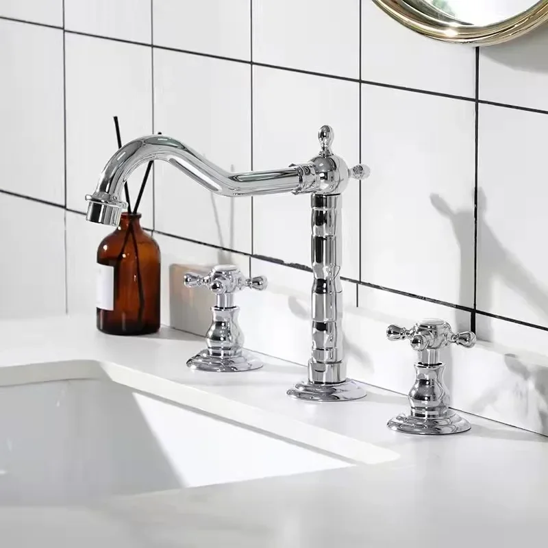 Tuqiu Bathroom Widespread Basin Faucet Brush Gold 8 inch Sink Mixer Brass Sink Faucet Hot & Cold Classical Wash Faucet Water Tap