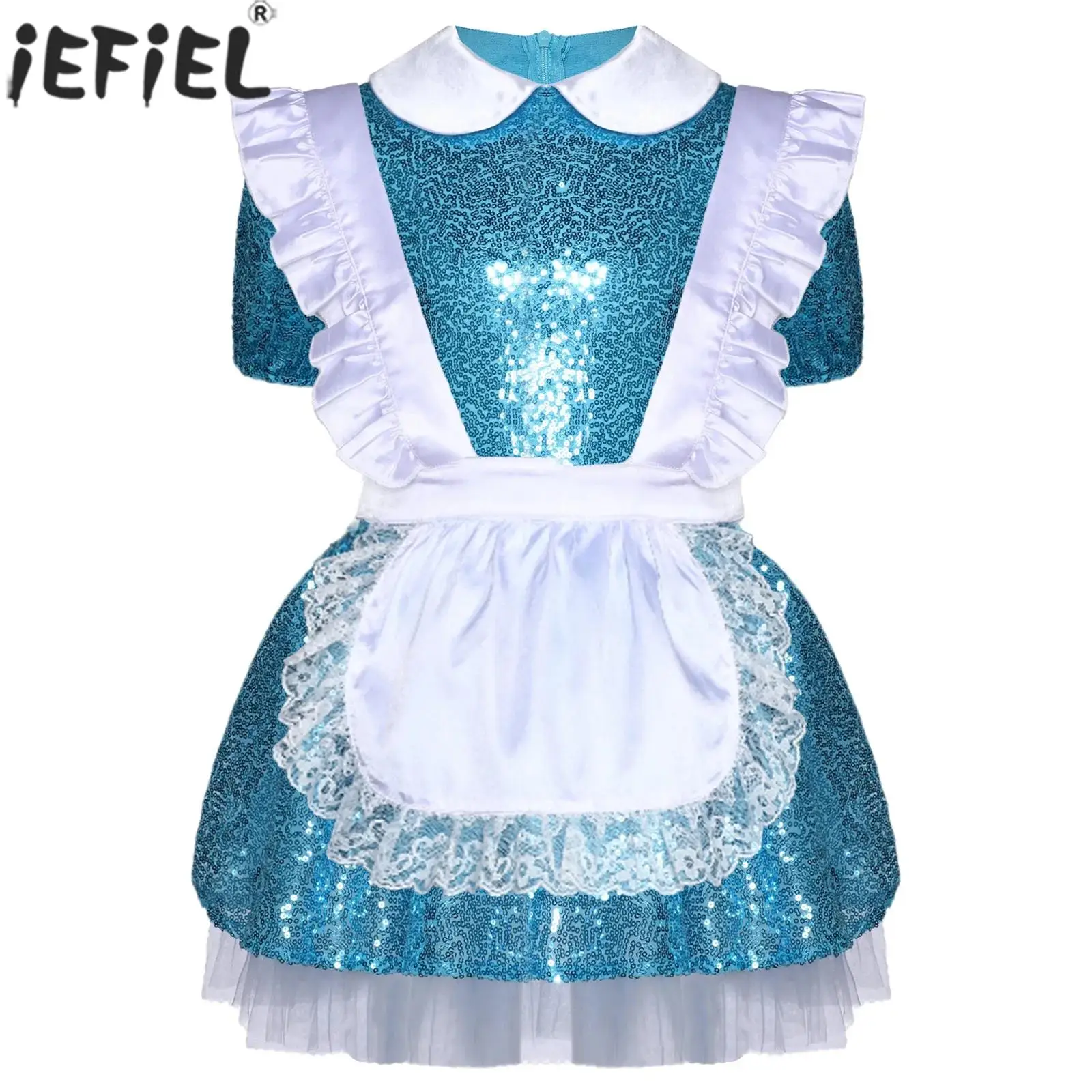 Teen Girls Halloween Wonderland Princess Dress Short Sleeve Shiny Sequins Mesh Tutu Theme Party Cosplay Performance Costume