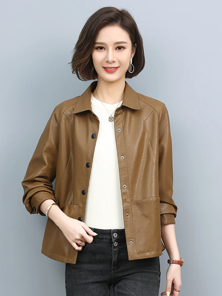Spring 2025 ort Sle Women's Leather Jaet Motorbike Coat Flip Collar Faion Slim Fit Korean Version Haining Genuine Lea...