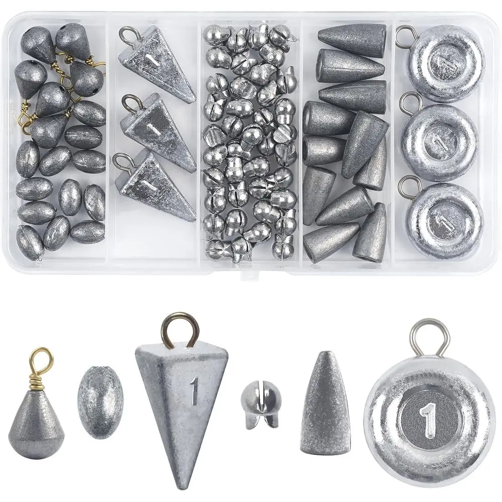 

75-Piece Fishing Weights Set: Pyramid, Disc, Split Shot, Bullet Sinkers for Saltwater, Surf, and Catfish Tackle with Box
