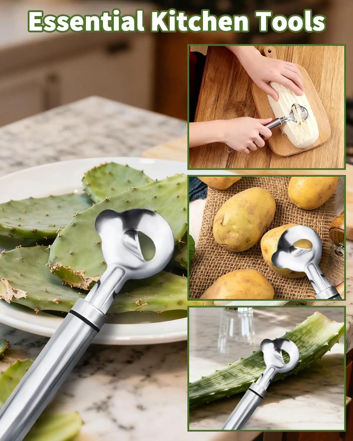 2-Piece Cactus Peeler Set Stainless Steel Vegetable and Fruit Peeler, Spoon Shaped Melon Ball Digger and Seed Remover, Convenient Kitchen Tools for Home Use view 7
