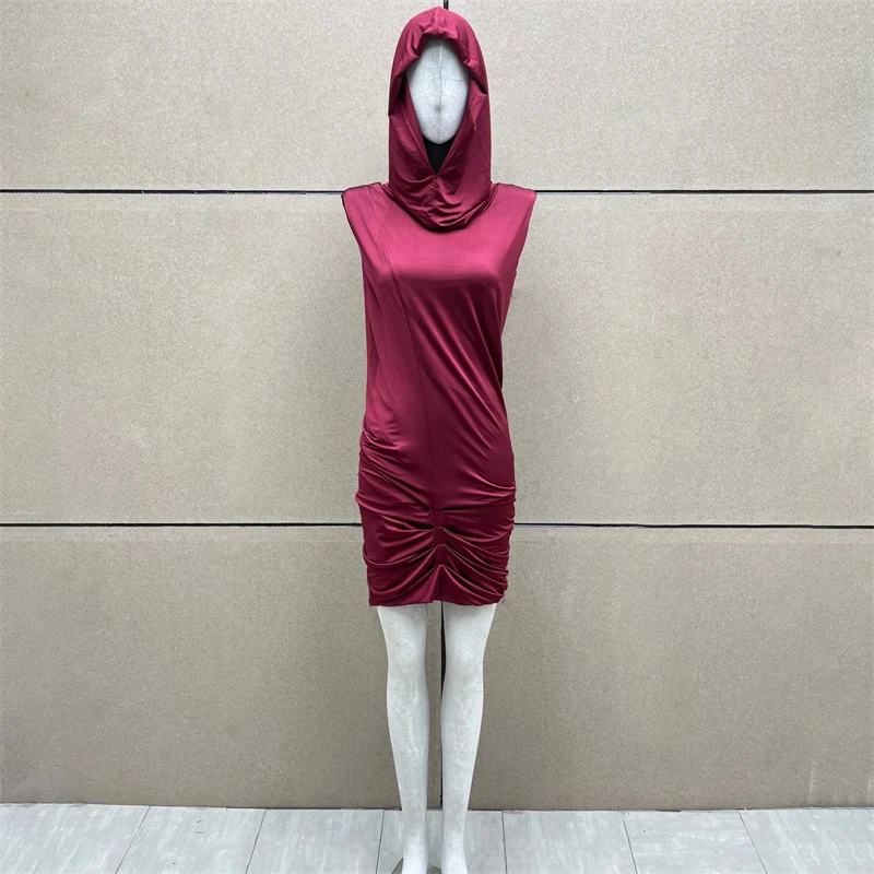 Verão 2025 feminino vinho vermelho dupla camada com capuz vestido y2k moda de alta qualidade casual elástico fino ajuste mini saia